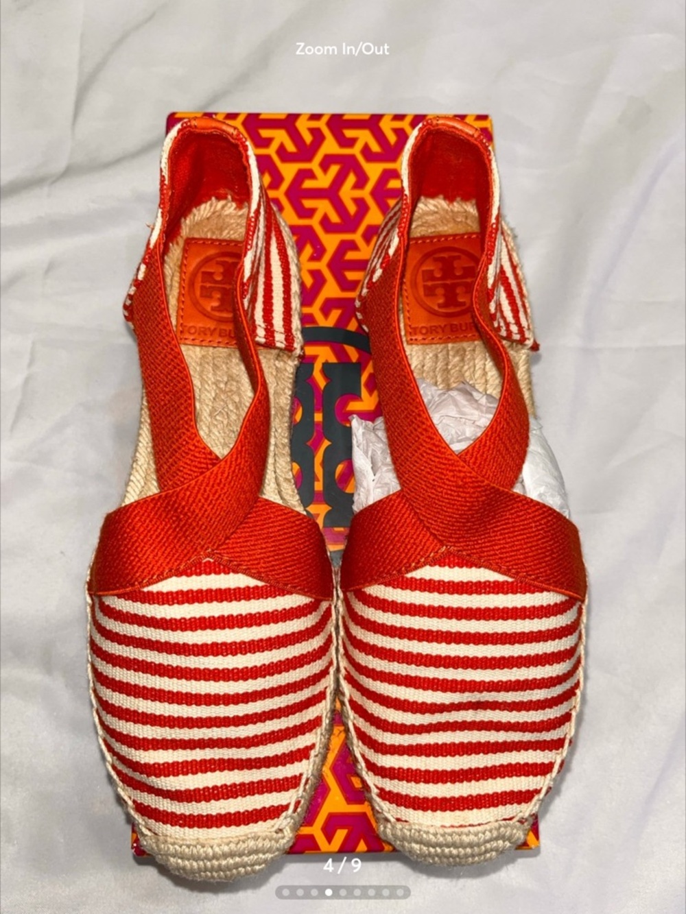 Tory Burch reddish, orange and creamy white Striped Crisscross Espadrilles